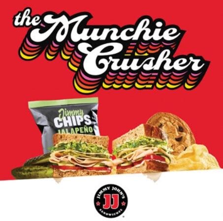 Sandwich chain Jimmy John's is celebrating the biggest day on the cannabis calendar, 420, with a new sandwich item called the "Munchie Crusher," and is pairing the menu item with for some special branded items like rolling papers, matches, and other promotional products available at its Long Beach, CA, location. . Jimmy johns munchie crusher